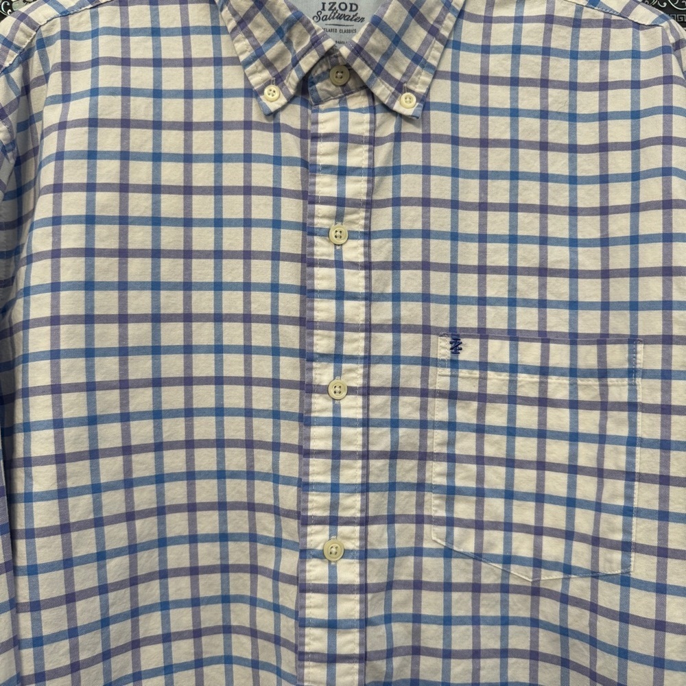 Izod Saltwater Men’s Plaid Shirt Large Blue White Cotton Long Sleeve - Picture 4 of 7